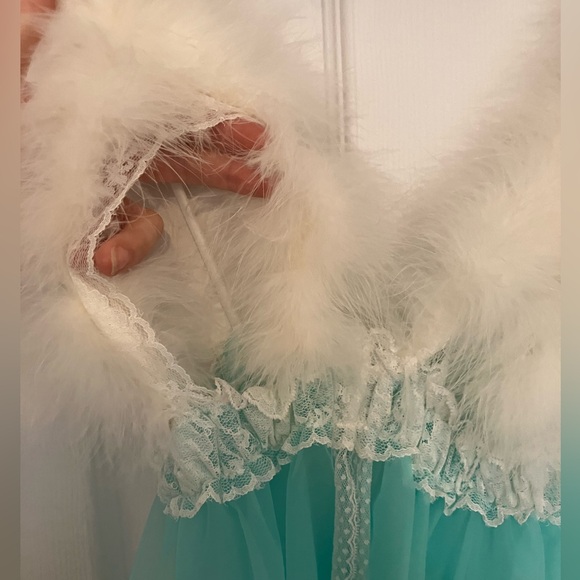 Vintage Feather and Lace Sheer Turquoise Babydoll Lingerie - Picture 3 of 6